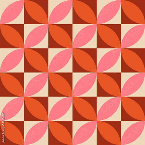 Mid Century modern pink and orange geometric circles seamless pattern on burgundy and beige squares.