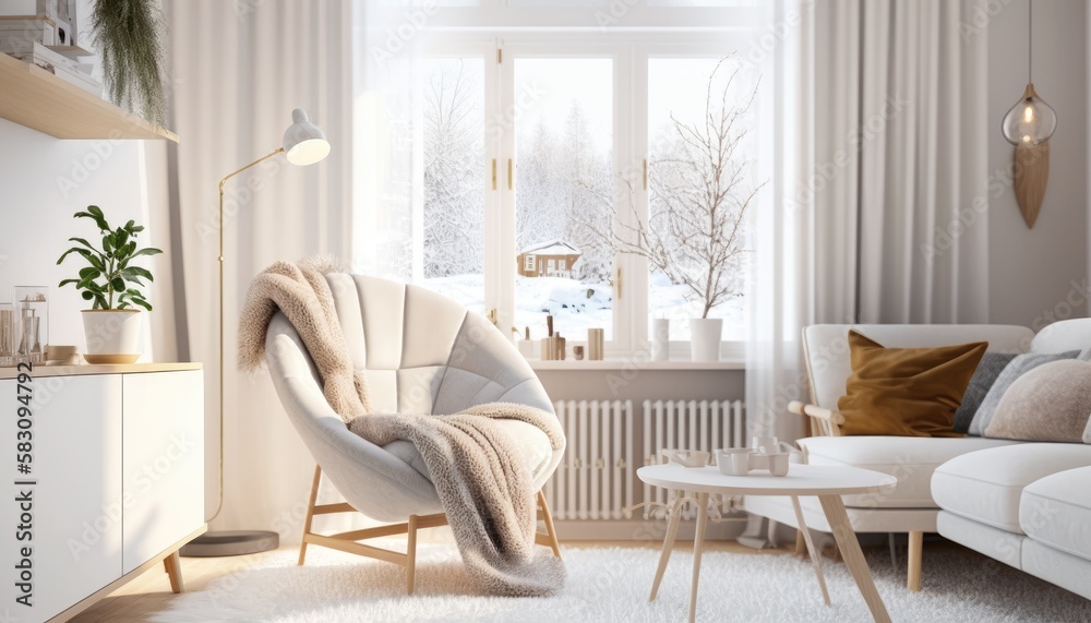 Cozy dreamy minimal livng room with window and sofa in the morning. Generative AI Cozy dreamy minimal livng room with window and sofa in the morning. Generative AI