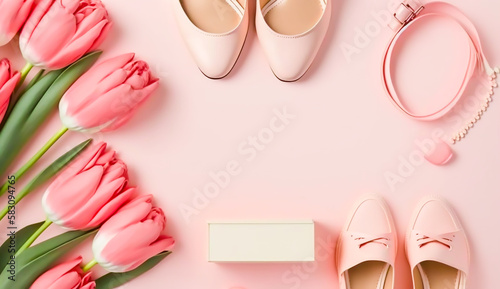 Top view with pink tulips flowers, shoes, lipstick and cosmetic background, Generative AI