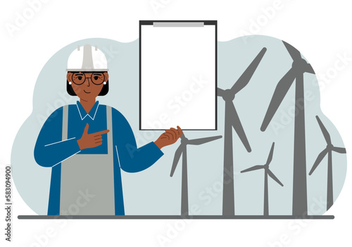 Technician engineer woman, energy wind farm. The concept of clean alternative energy. Environmental protection, ecology protection.