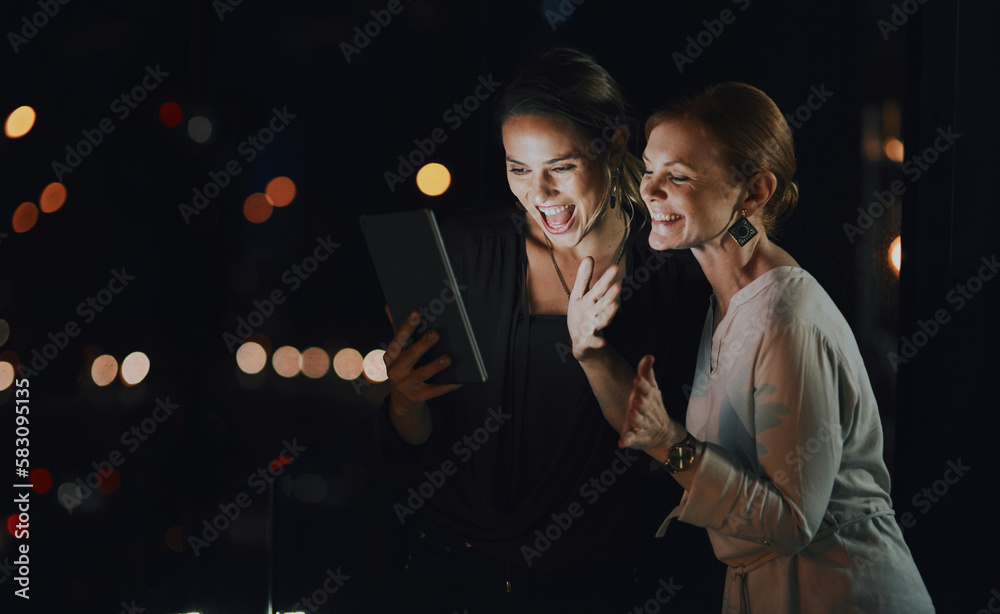 Connecting with global clients has never been easier. two businesswomen using a digital tablet to make a video call outside an office at night. Connecting with global clients has never been easier. two businesswomen using a digital tablet to make a video call outside an office at night.