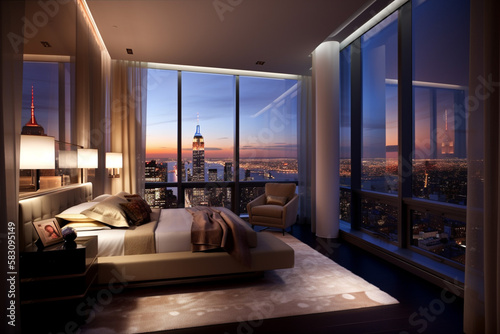 Luxury penthouse bedroom, high class real estate with skyline city view and large glass windows.