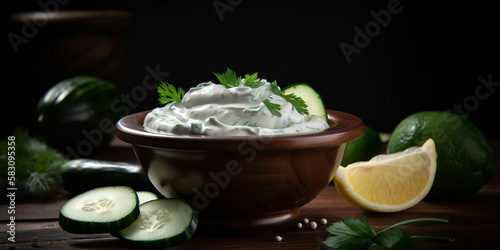 A bowl of creamy tzatziki dip with cucumber and garlic generated by AI