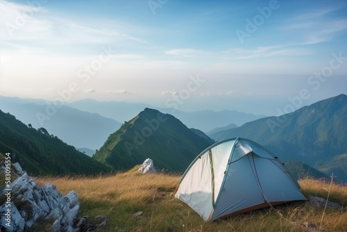 A camping tent on a mountain with wide panorama view and blue sky. Concept of travel adventure and hiking. © Artofinnovation