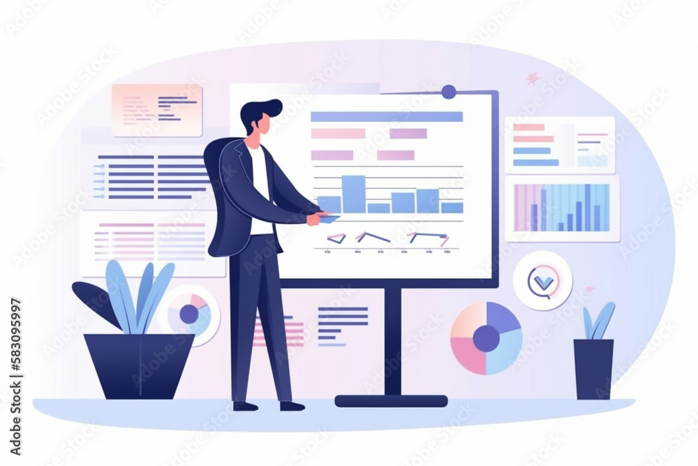 Analyst working in Business Analytics and Data Management System to make report with KPI and metrics connected to database. illustration, Corporate strategy for finance, operations, sales, marketing Analyst working in Business Analytics and Data Management System to make report with KPI and metrics connected to database. illustration, Corporate strategy for finance, operations, sales, marketing