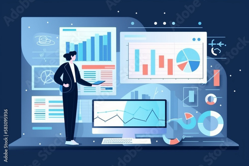 Analyst working in Business Analytics and Data Management System to make report with KPI and metrics connected to database. illustration, Corporate strategy for finance, operations, sales, marketing 