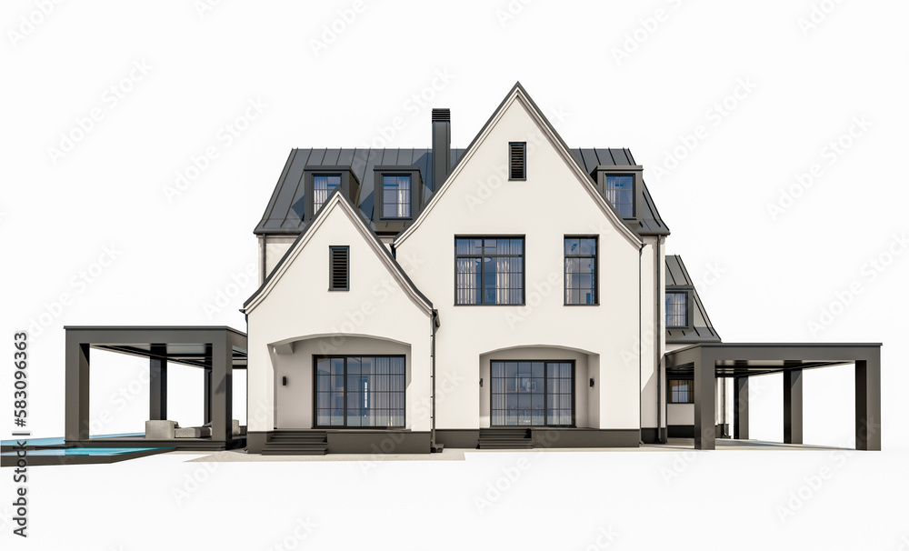 3d rendering of cute cozy white and black modern Tudor style house with parking  and pool for sale or rent with beautiful landscaping. Fairy roofs. Isolated on white