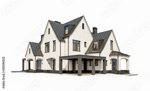 3d rendering of cute cozy white and black modern Tudor style house with parking and pool for sale or rent with beautiful landscaping. Fairy roofs. Isolated on white