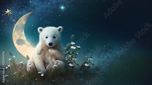 polar bear sits under the starry sky. Polar bear. Teddy bear for children's book. Fairy tales. generative AI