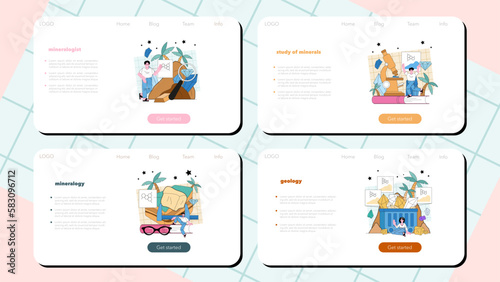 Mineralogist web banner or landing page set. Scientist studying natural