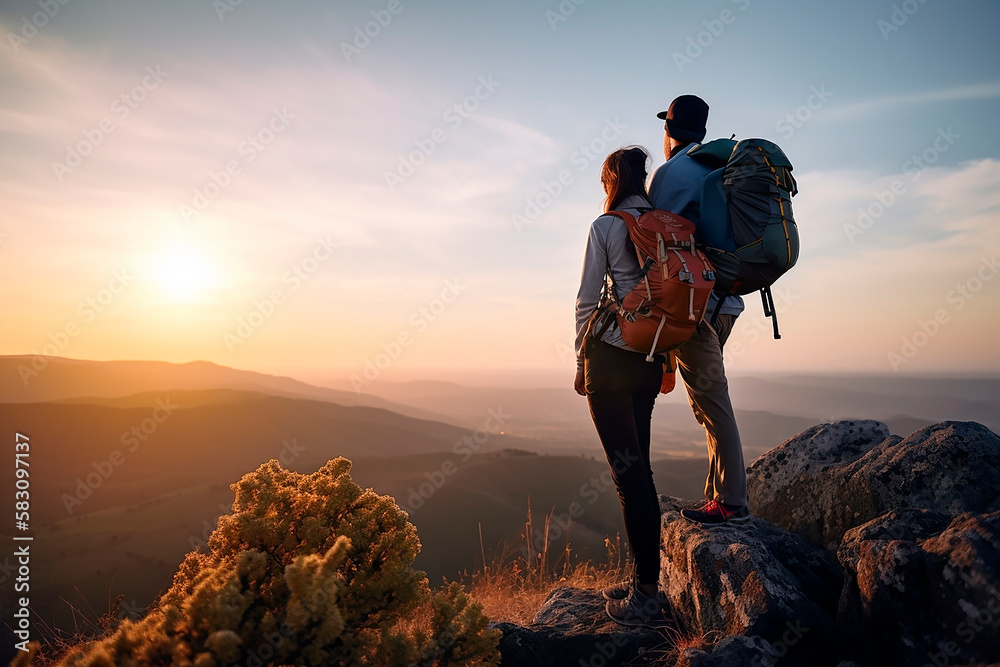 A pair of man and woman friends standing on top of a mountain together on a hike with backpacks in the sunset sunlight, a view of the beautiful scenery from above, a family hike. Generative AI. A pair of man and woman friends standing on top of a mountain together on a hike with backpacks in the sunset sunlight, a view of the beautiful scenery from above, a family hike. Generative AI.
