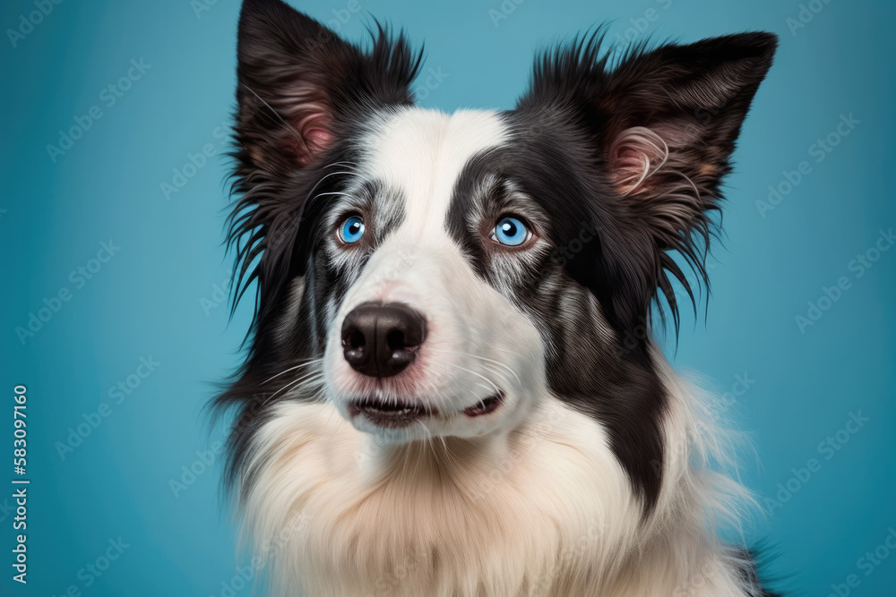 a cute border colli dog isolated on blue background. Generative AI