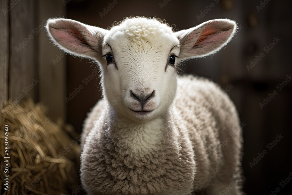 portrait of a young sheep in the barn. Generative AI portrait of a young sheep in the barn. Generative AI