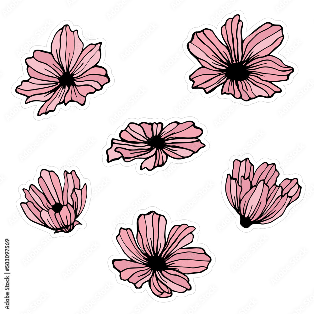 Set of pink flower stickers Set of pink flower stickers
