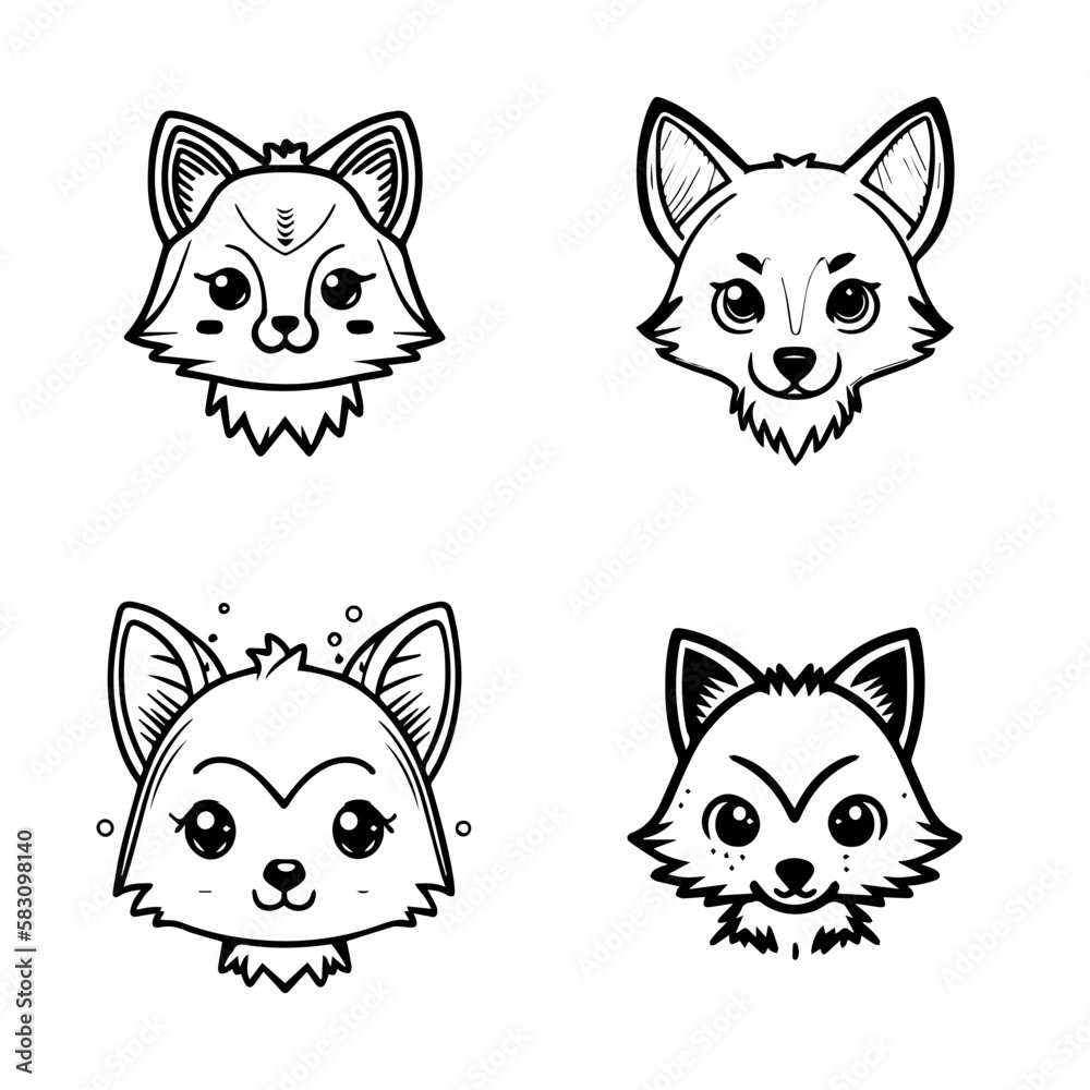 cute kawaii wolf collection set hand drawn line art illustration