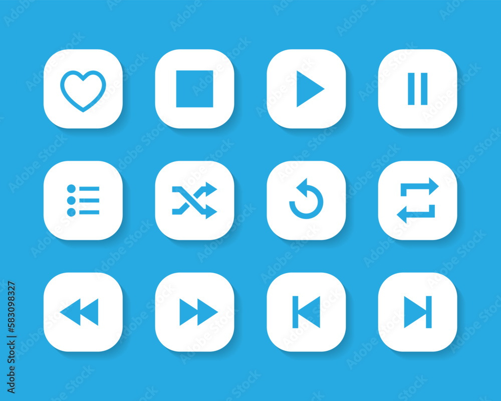 Play, stop, pause, shuffle, repeat, previous, next, favorite, and list icon vector. Music app icons Play, stop, pause, shuffle, repeat, previous, next, favorite, and list icon vector. Music app icons