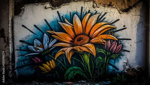 Floral graffiti on a grunge wall, Wallpaper, Background, Generative AI