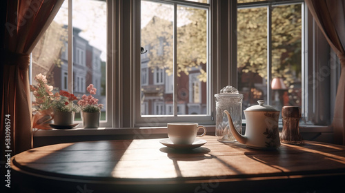 A cup of coffee with relaxing street view Generative AI