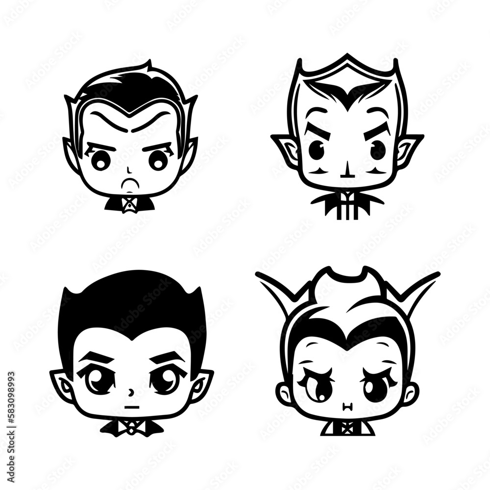 Charming and playful collection of Hand drawn line art illustrations featuring cute Dracula heads, perfect for Halloween or any occasion
