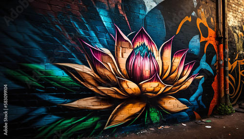 Lotus flower graffiti on a grunge wall, Wallpaper, Background, Generative AI
