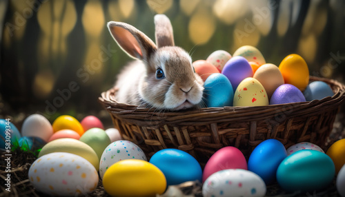 Easter bunny with easter eggs, Generative AI