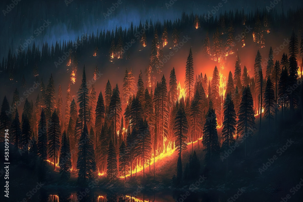 Wildfire burns ground in forest, Generative Ai