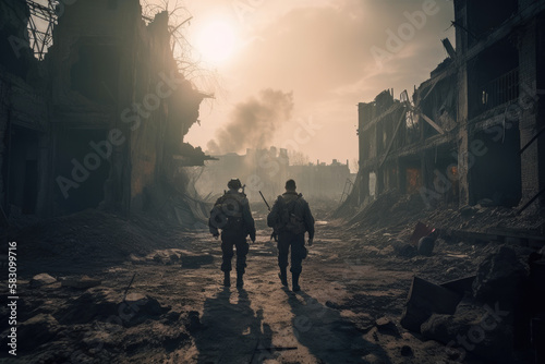 Soldiers in walking through destroyed city created with AI  © thejokercze