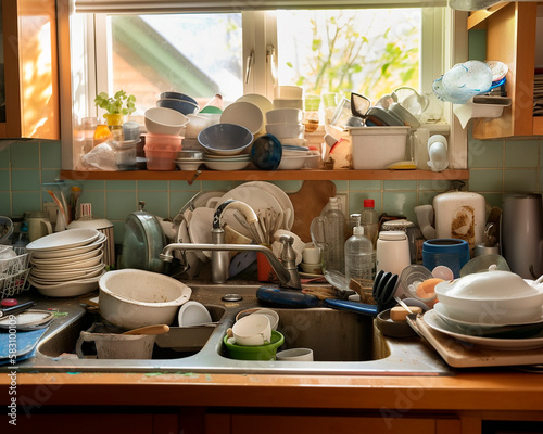 generative ai illustration of kitchen cluttered with dirty dishes