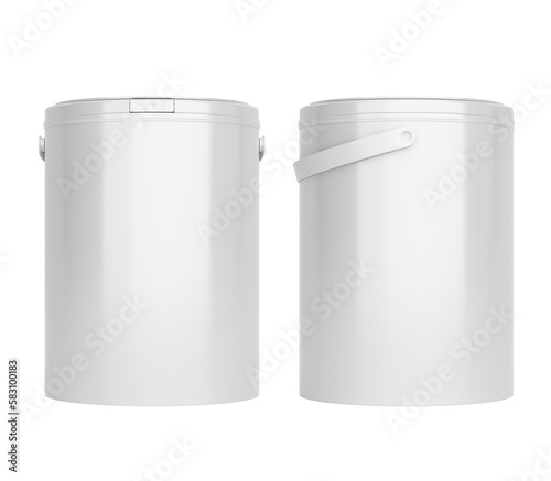 Front and side views of white, blank 1l plastic paint can / bucket / container with handle, with no label, image without background.	 
