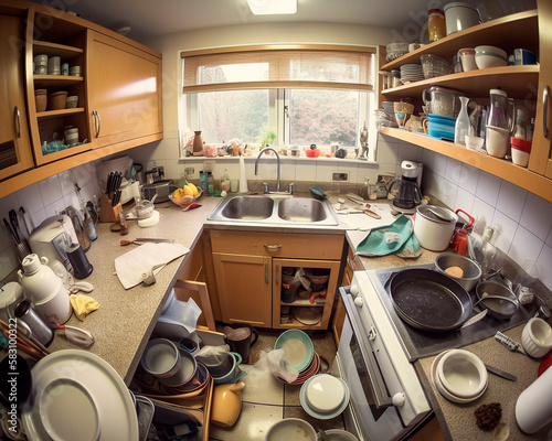 generative ai illustration of kitchen cluttered with dirty dishes