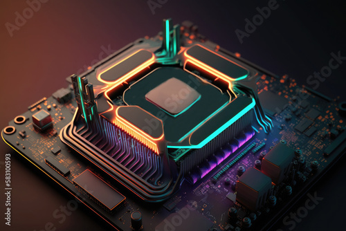 Neon Lighting CPU on the Motherboard Generative AI Illustration.