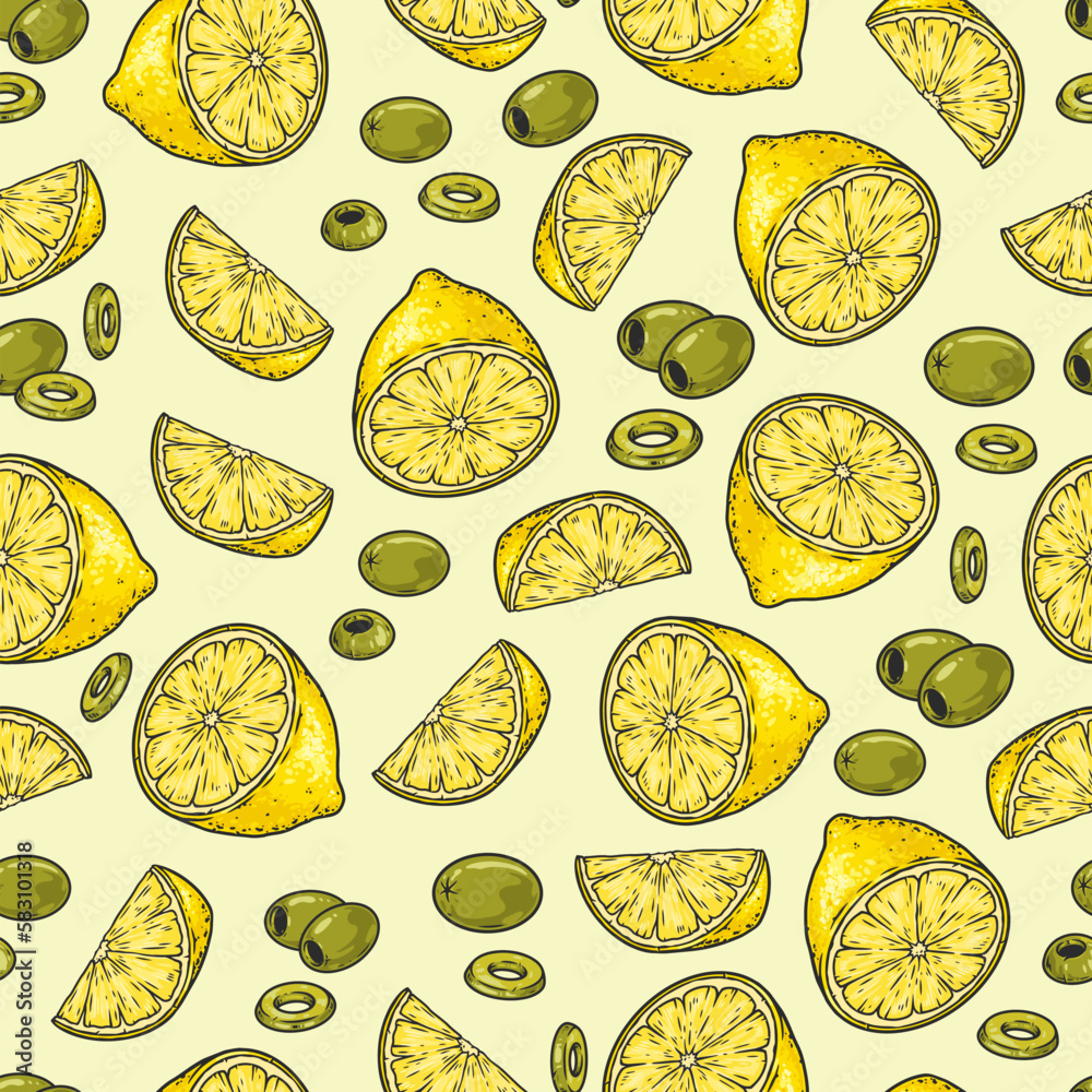 Lemon and olives seamless pattern