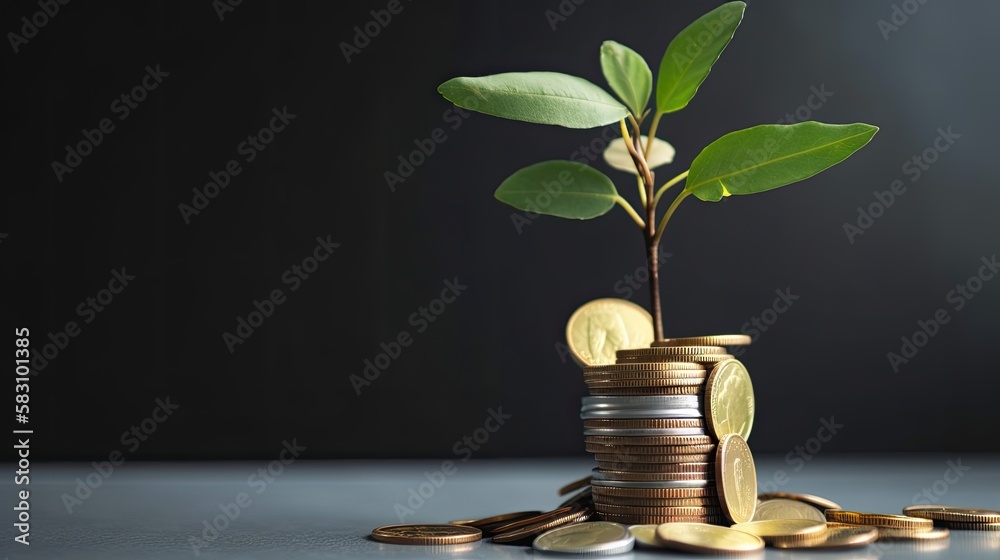 Plant growing with coins, representing the concepts of money-saving, finance, and investment. Generative AI
Plant growing with coins, representing the concepts of money-saving, finance, and investment. Generative AI