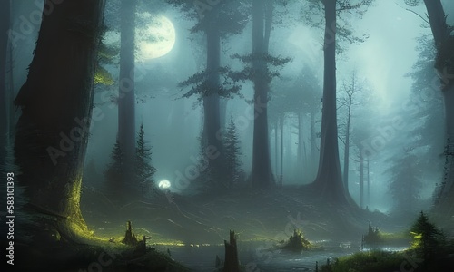 spooky halloween night  misty forest with the moon