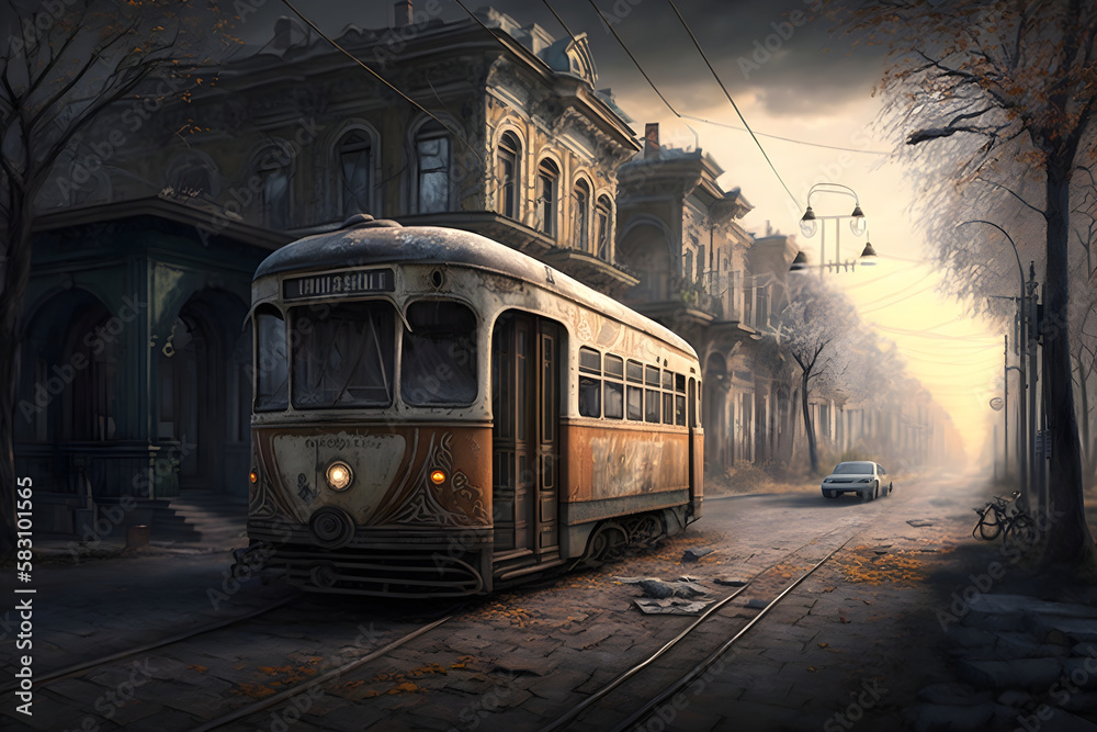 old tram on city street dark gamma illustration, Generative AI