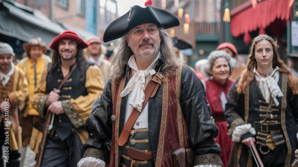 Middle-Aged Pirate Man and His Crew: Adventure, Danger, and Camaraderie on the High Seas | High-Quality Stock Photo