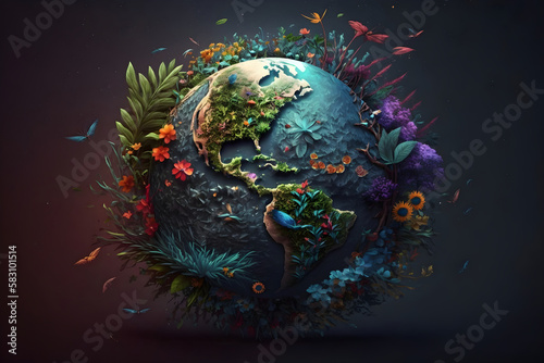 planet earth with continents and plants on dark background illustration Generative AI