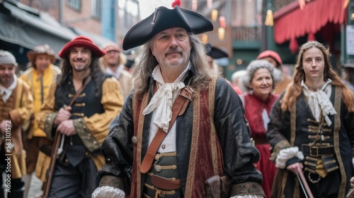Middle-Aged Pirate Man and His Crew: Adventure, Danger, and Camaraderie on the High Seas | High-Quality Stock Photo