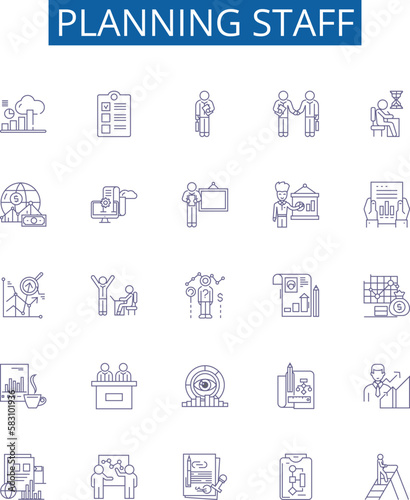 Planning staff line icons signs set. Design collection of Staffing, Planning, Organization, Scheduling, Assignment, Human, Resources, Team outline concept vector illustrations