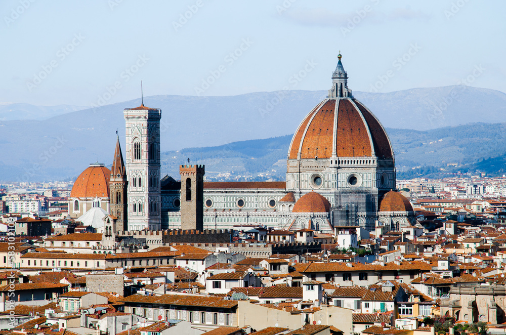 Beautiful panorama of Florence with La Cattedrale di Santa Maria del Fiore in the center, stock photo