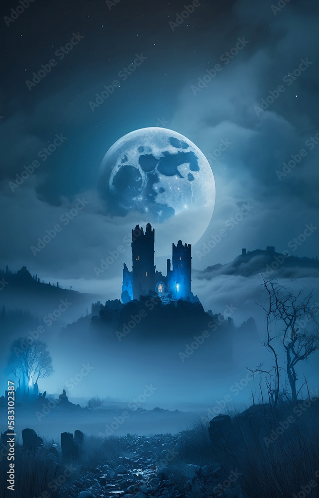 mysterious foggy landscape with castle at night mysterious foggy landscape with castle at night