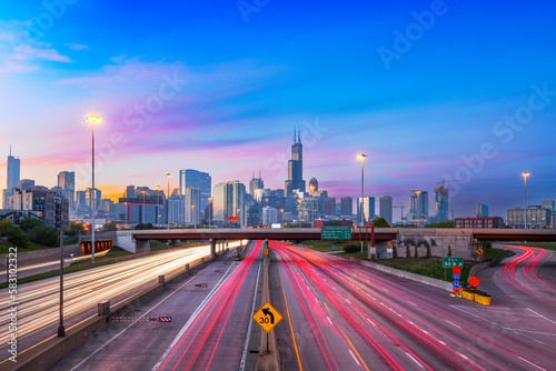Chicago, Illinois, USA Downtown Skyline over Highways photo