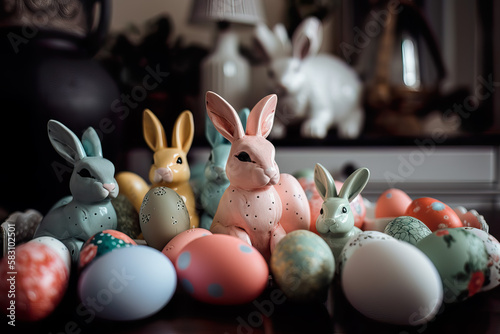 Artist workshop, easter, cute bunny, decorative eggs, (generated ai)