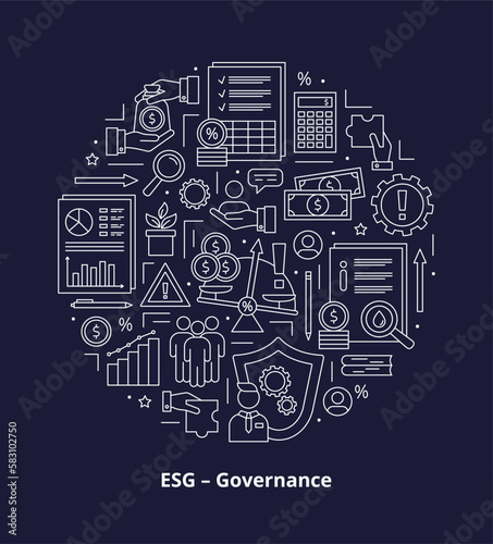 ESG Governance concepts, icons set. Icons placed in a circle. Vector illustration isolated on a dark background