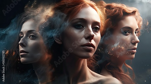 Cosmic Women - A Trio of Enchanting Faces Embracing the Universe for Your Spiritual and Mystical Projects