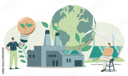 Eco friendly sustainable, Environmental protection factory, Clean green energy from renewable sources concept. Vector design illustration. photo