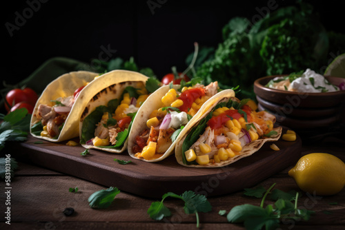 Mexican tacos with meat, vegetables and spices created with AI