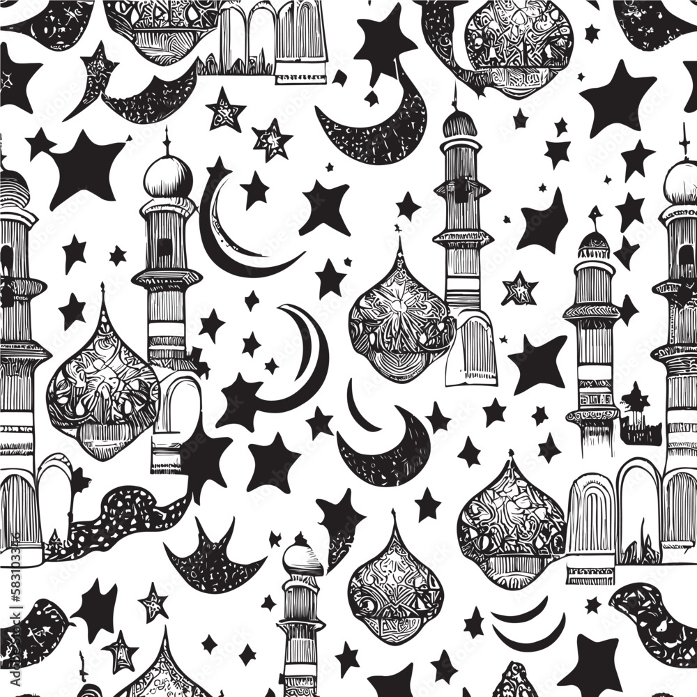 Eid mubarak elements in trendy psychedelic style seamless vector pattern Eid mubarak elements in trendy psychedelic style seamless vector pattern