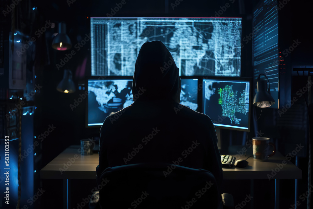 Hacker sitting in front of computer created wtih AI
Hacker sitting in front of computer created wtih AI