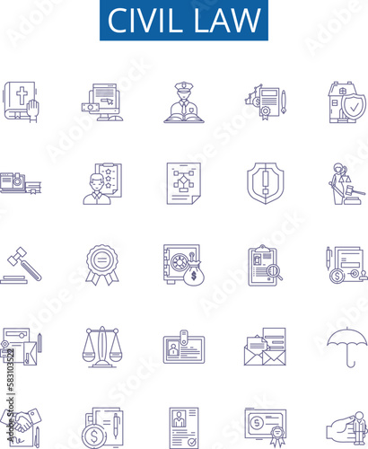 Civil law line icons signs set. Design collection of Civil, law, common, contract, tort, property, succession, trust outline concept vector illustrations